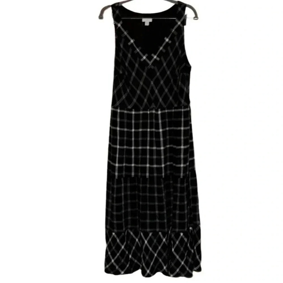 J. Jill Black White Mixed Print Plaid Print Midi Dress Size Large Petite - Picture 3 of 10